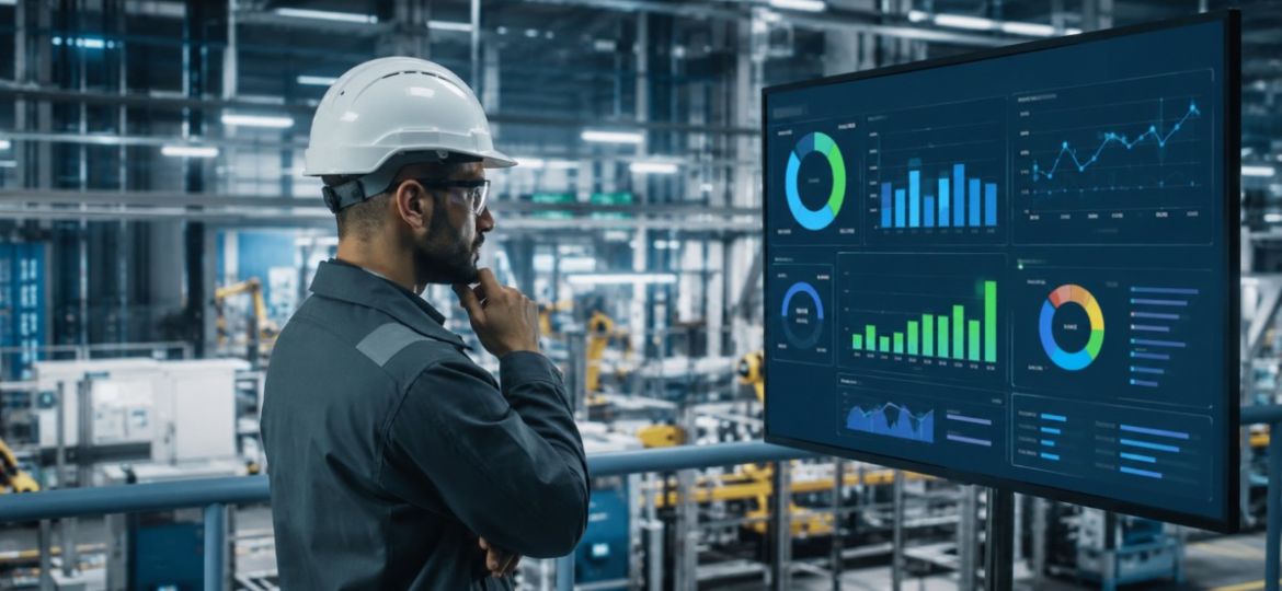 Operario industrial analizando indicadores de productividad en pantalla de planta