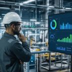 Operario industrial analizando indicadores de productividad en pantalla de planta