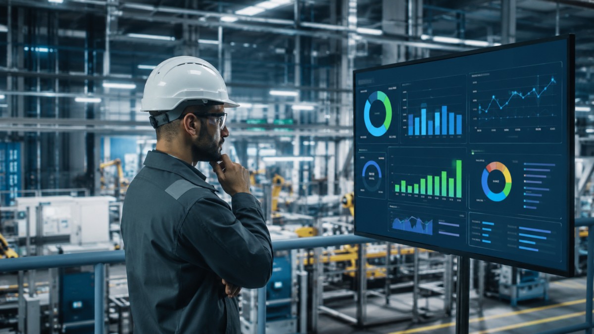 Operario industrial analizando indicadores de productividad en pantalla de planta