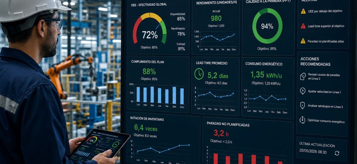 Tablero de KPIs industriales con OEE, rendimiento y calidad